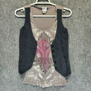 Piper & Blue Le Fleur De Lis Womens Medium Gray Tank Layered Black Knit Vest